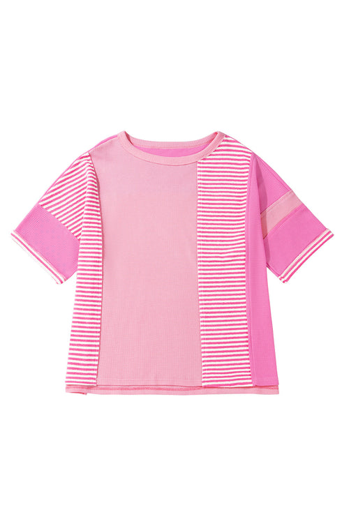 Textured Stripe Patchwork Waffle Knit T Shirt