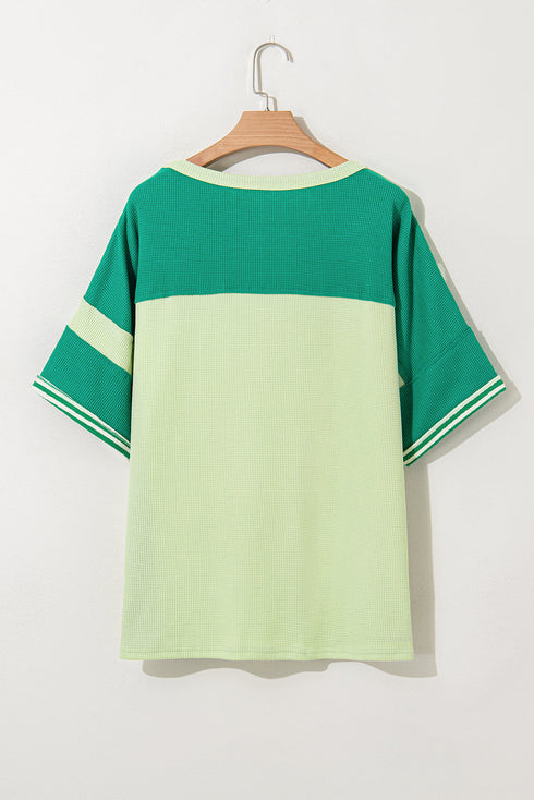 Textured Stripe Patchwork Waffle Knit T Shirt