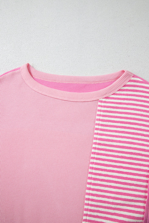 Textured Stripe Patchwork Waffle Knit T Shirt