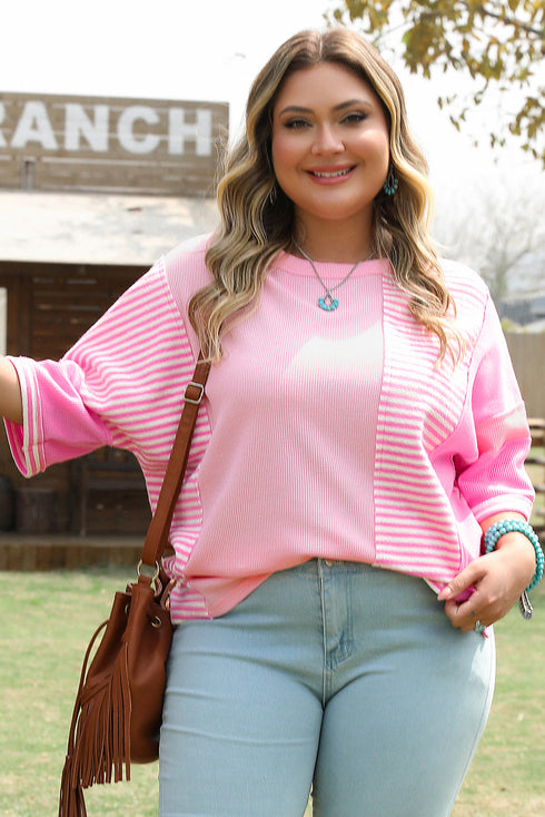 Textured Stripe Patchwork Waffle Knit T Shirt