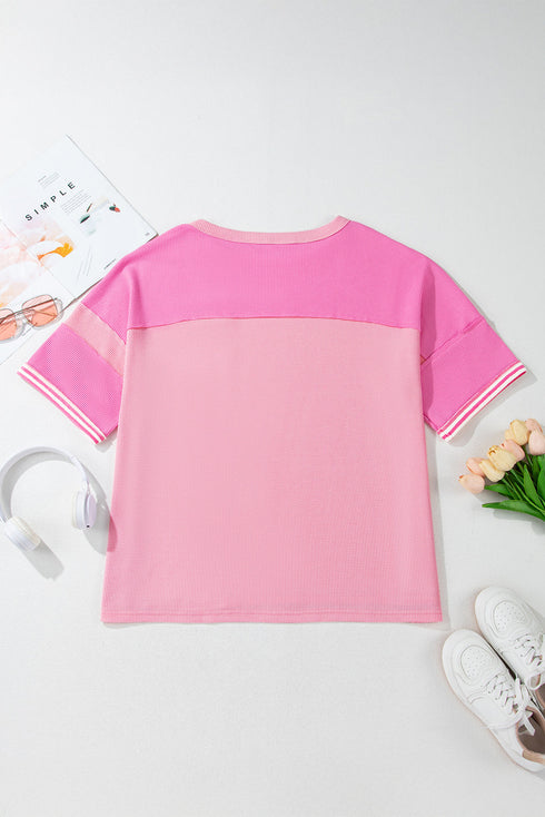 Textured Stripe Patchwork Waffle Knit T Shirt
