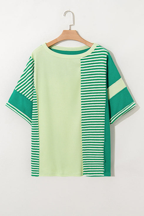 Textured Stripe Patchwork Waffle Knit T Shirt
