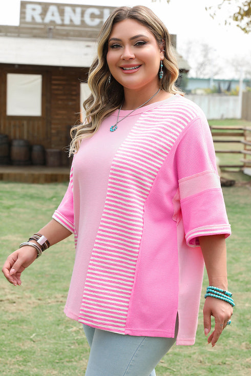 Textured Stripe Patchwork Waffle Knit T Shirt