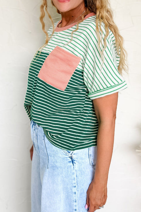 Textured Stripe Pattern Mixed Print Detail Relaxed Tee