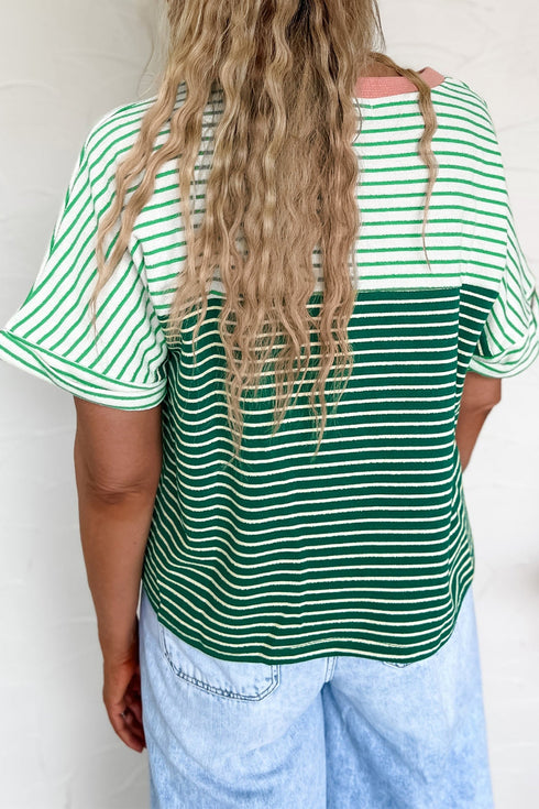 Textured Stripe Pattern Mixed Print Detail Relaxed Tee