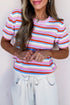 Textured Stripe Print Knit Short Sleeve Sweater