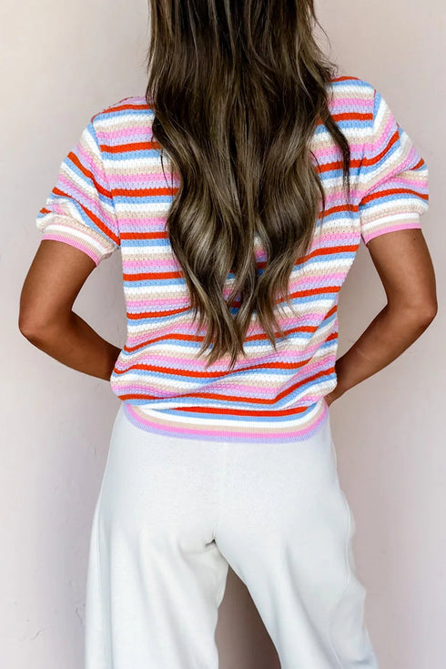 Textured Stripe Print Knit Short Sleeve Sweater