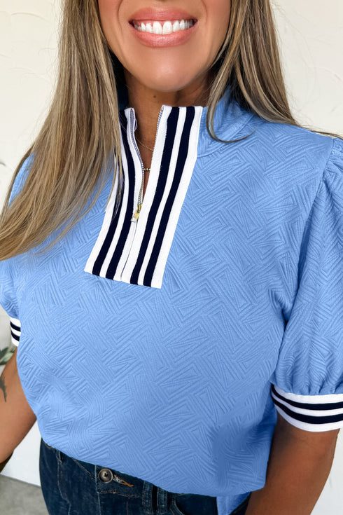 Textured Stripe Print Split Neck Puff Sleeve Top
