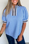 Textured Stripe Print Split Neck Puff Sleeve Top