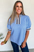 Textured Stripe Print Split Neck Puff Sleeve Top