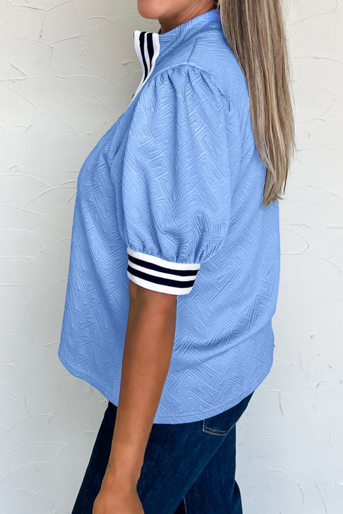 Textured Stripe Print Split Neck Puff Sleeve Top