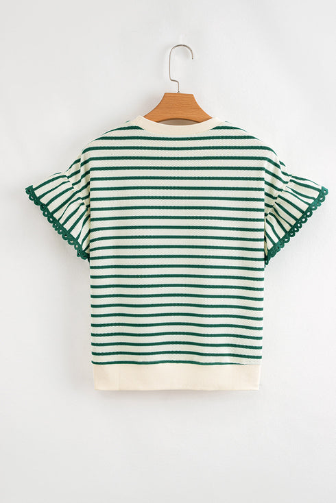 Textured Stripe Ruffle Sleeve Scallop Trim Crewneck Top