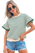 Textured Stripe Ruffle Sleeve Scallop Trim Crewneck Top