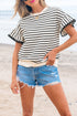 Textured Stripe Ruffle Sleeve Scallop Trim Crewneck Top