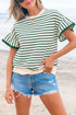Textured Stripe Ruffle Sleeve Scallop Trim Crewneck Top