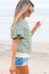 Textured Stripe Ruffle Sleeve Scallop Trim Crewneck Top