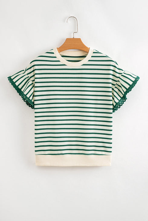 Textured Stripe Ruffle Sleeve Scallop Trim Crewneck Top