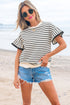 Textured Stripe Ruffle Sleeve Scallop Trim Crewneck Top