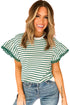 Textured Stripe Ruffle Sleeve Scallop Trim Crewneck Top