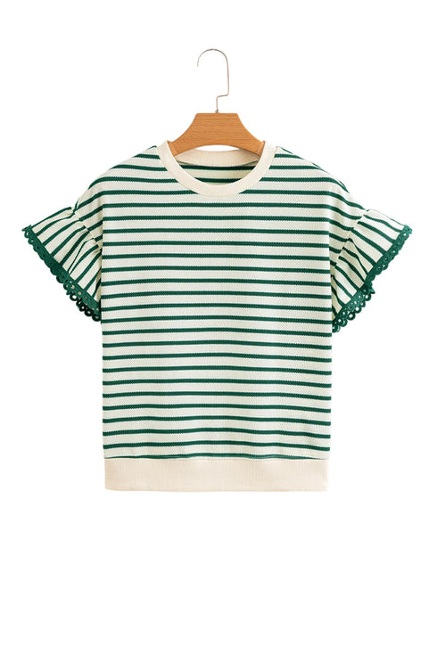 Textured Stripe Ruffle Sleeve Scallop Trim Crewneck Top