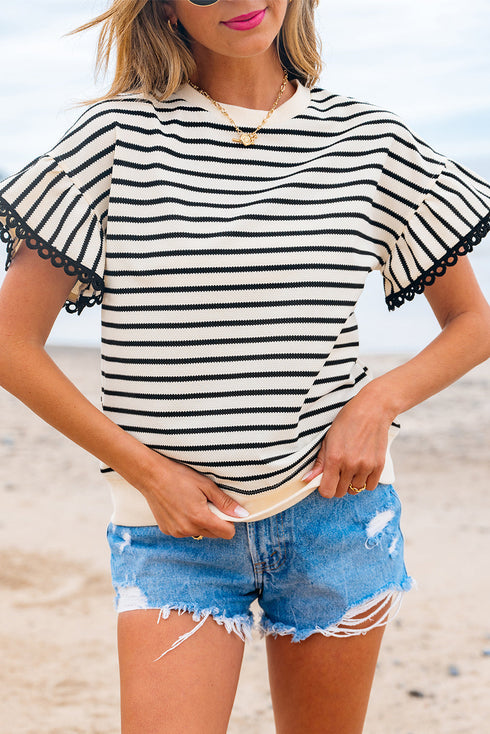 Textured Stripe Ruffle Sleeve Scallop Trim Crewneck Top