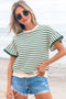 Textured Stripe Ruffle Sleeve Scallop Trim Crewneck Top