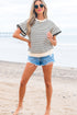 Textured Stripe Ruffle Sleeve Scallop Trim Crewneck Top