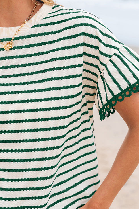Textured Stripe Ruffle Sleeve Scallop Trim Crewneck Top