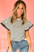 Textured Stripe Ruffle Sleeve Scallop Trim Crewneck Top