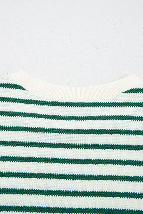 Textured Stripe Ruffle Sleeve Scallop Trim Crewneck Top