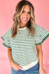 Textured Stripe Ruffle Sleeve Scallop Trim Crewneck Top