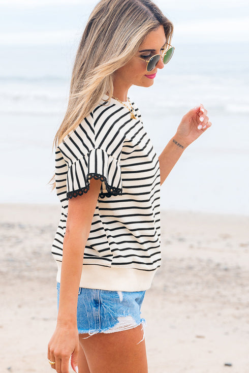 Textured Stripe Ruffle Sleeve Scallop Trim Crewneck Top