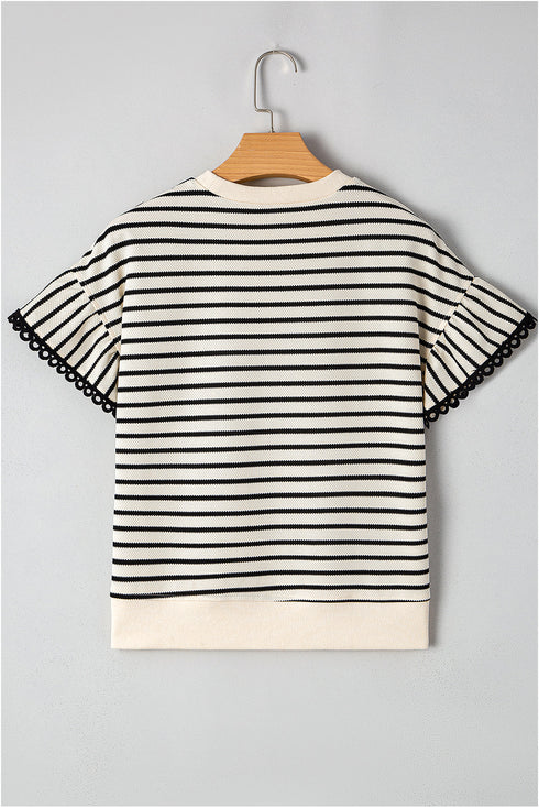 Textured Stripe Ruffle Sleeve Scallop Trim Crewneck Top
