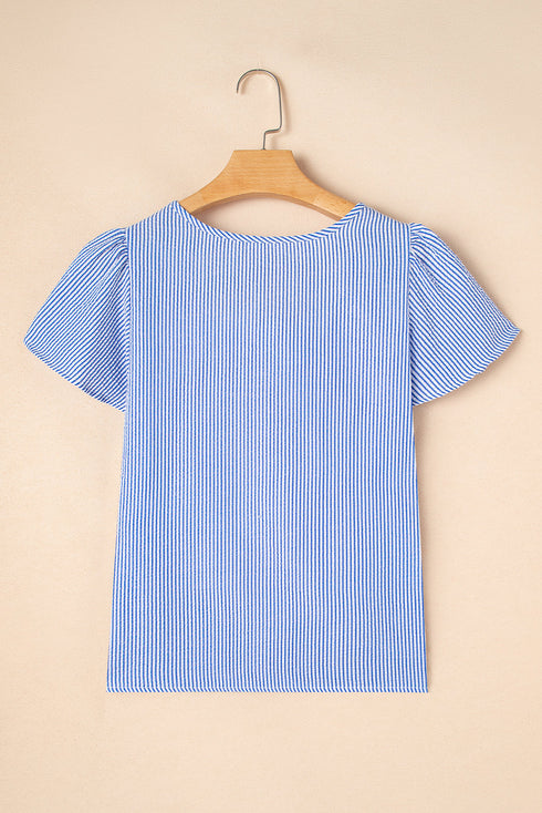Textured Stripe Ruffle Sleeve Square Neck Crochet Detail Blouse
