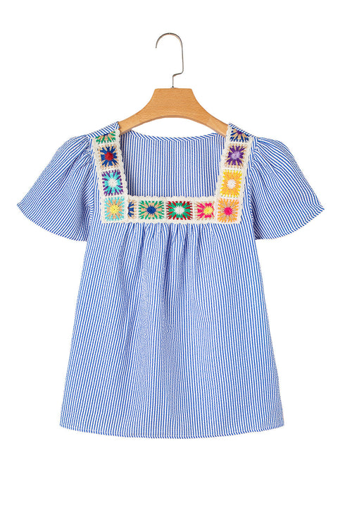 Textured Stripe Ruffle Sleeve Square Neck Crochet Detail Blouse