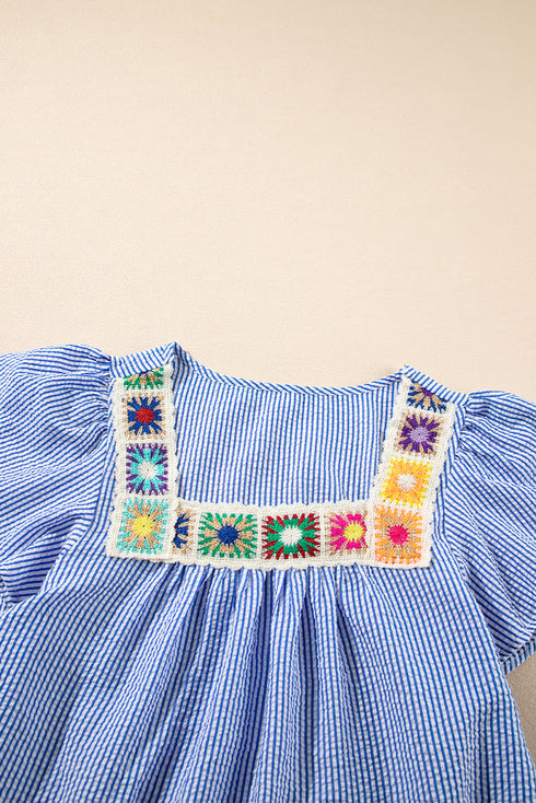 Textured Stripe Ruffle Sleeve Square Neck Crochet Detail Blouse