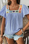 Textured Stripe Ruffle Sleeve Square Neck Crochet Detail Blouse