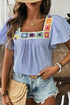 Textured Stripe Ruffle Sleeve Square Neck Crochet Detail Blouse