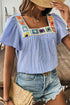 Textured Stripe Ruffle Sleeve Square Neck Crochet Detail Blouse