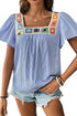 Textured Stripe Ruffle Sleeve Square Neck Crochet Detail Blouse