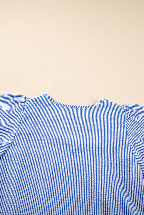 Textured Stripe Ruffle Sleeve Square Neck Crochet Detail Blouse