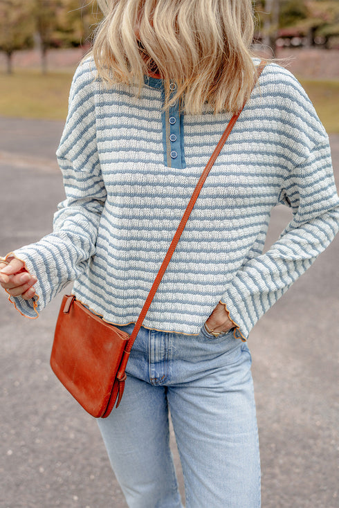Textured Stripe Ruffle Trim Button Front Henley Top