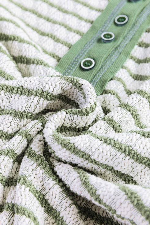 Textured Stripe Ruffle Trim Button Front Henley Top