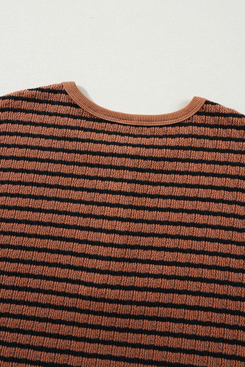 Textured Stripe Ruffle Trim Button Front Henley Top