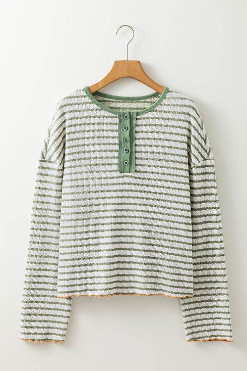 Textured Stripe Ruffle Trim Button Front Henley Top