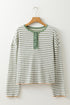 Textured Stripe Ruffle Trim Button Front Henley Top