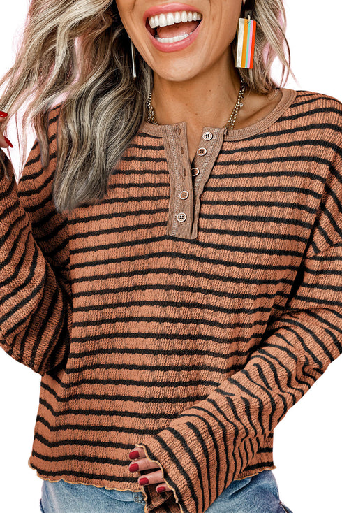 Textured Stripe Ruffle Trim Button Front Henley Top