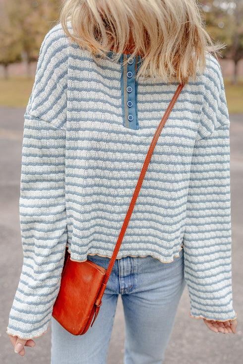 Textured Stripe Ruffle Trim Button Front Henley Top