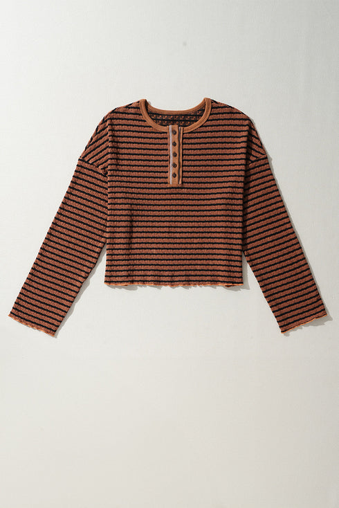 Textured Stripe Ruffle Trim Button Front Henley Top
