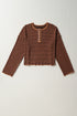 Textured Stripe Ruffle Trim Button Front Henley Top
